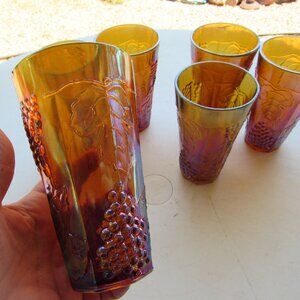 Set of 6 Indiana Amber and Pink Carnival Glass Tumblers Set of 6